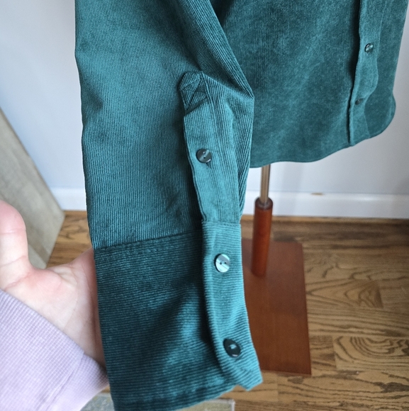 ZARA, Hunter Green Fine Waled Oversized Corduroy Button Front Shirt, Size Small - Picture 7 of 13